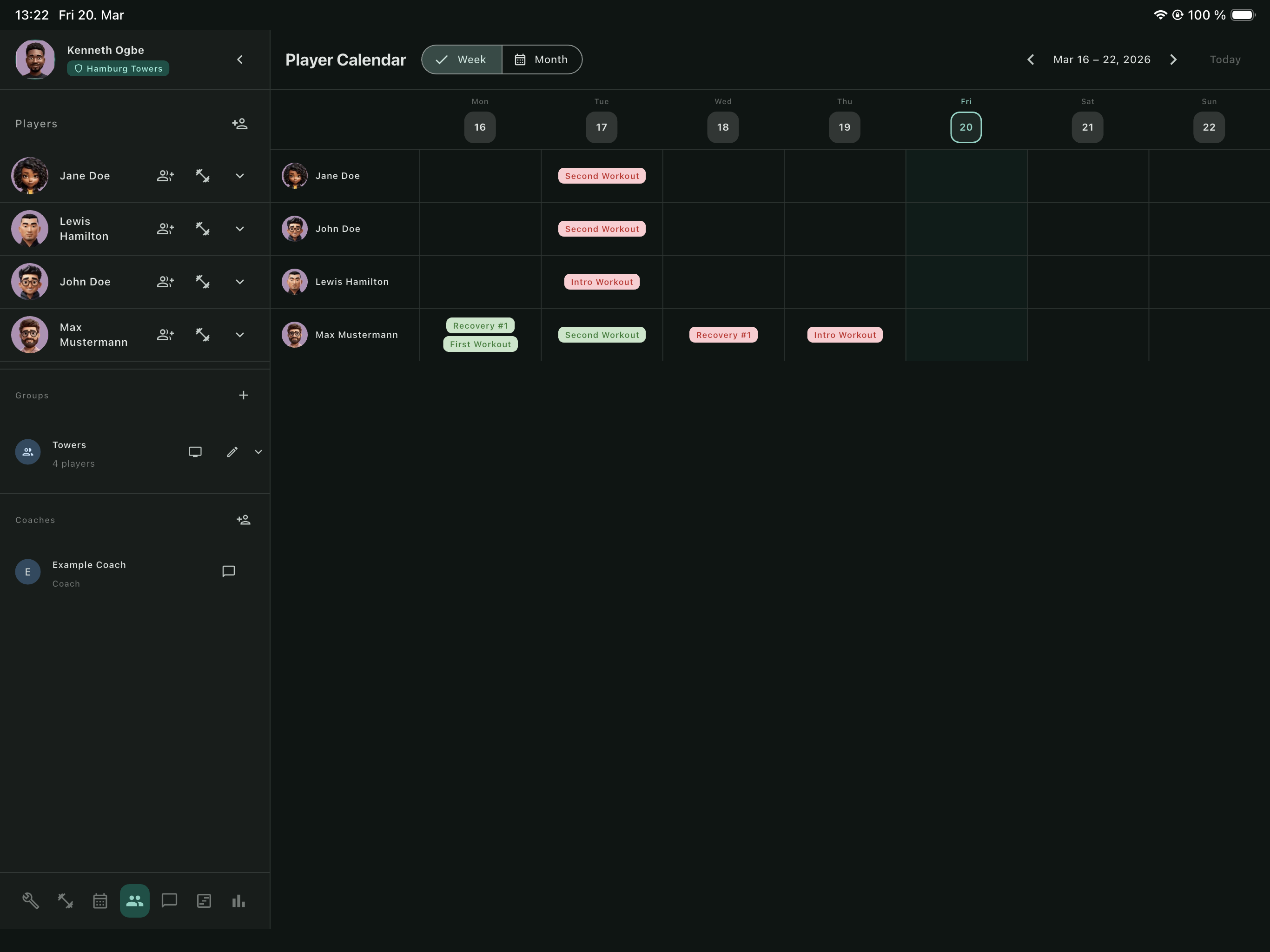Player Calendar – Week View