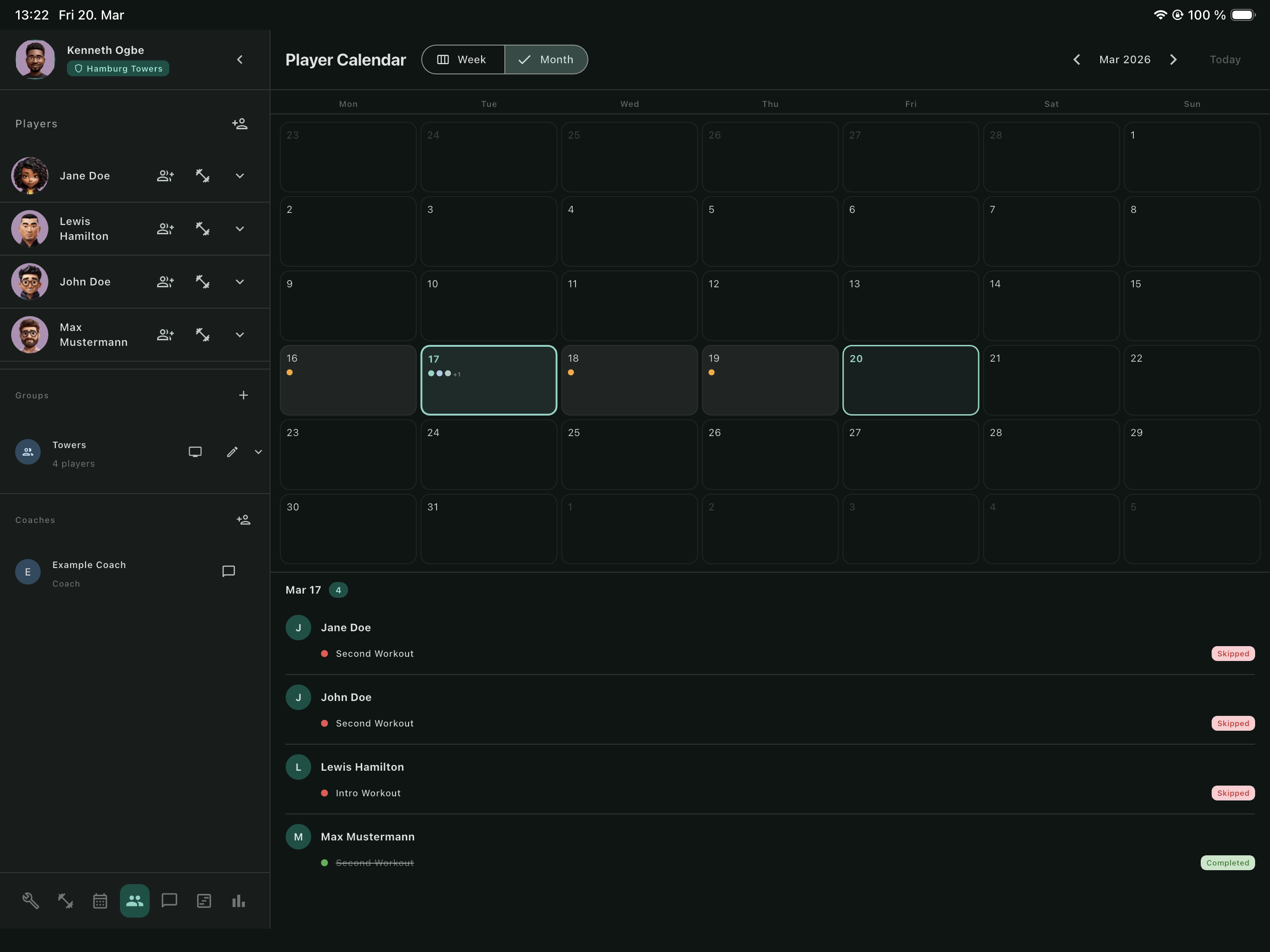 Player Calendar – Month View