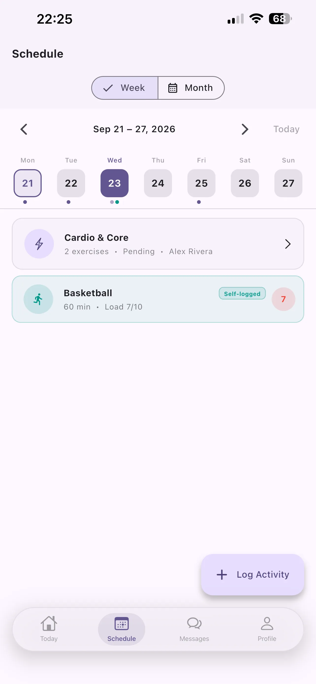 ProtocolHQ athlete schedule with self-logged activity